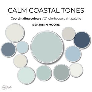 Paleta de colores para toda la casa "Calma Costera" de Benjamin Moore - Colores coordinados - Colores para casas de playa - Tonos azules - Combinaciones de colores habitación por habitación