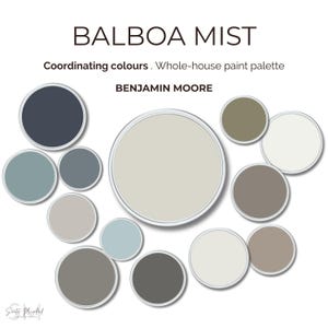 Balboa Mist Benjamin Moore Home Color Palette | Coordinating Colors | Whole House Paint Plan | Neutral Paint Scheme + Trim & Accent Tones