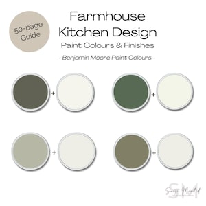 May include: A guide to farmhouse kitchen design featuring paint color combinations from Benjamin Moore. The image shows six different color pairings, each with a darker green or brown shade paired with a lighter off-white shade.