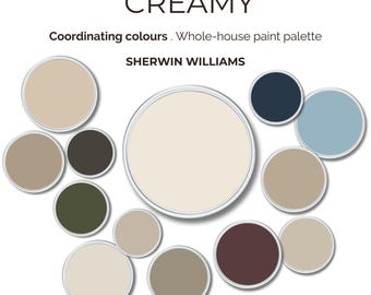 May include: A whole-house paint palette with the word "CREAMY" at the top. The palette includes a large cream-colored circle surrounded by smaller circles in various shades of cream, brown, green, and blue. The brand "SHERWIN WILLIAMS" is also displayed.