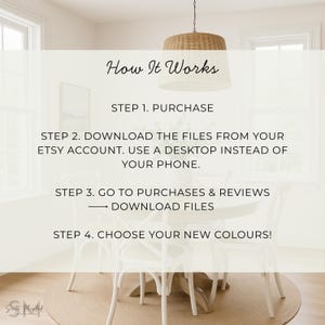 May include: Image with text: "How It Works" with steps for purchasing and downloading files from Etsy. The steps include purchasing, downloading from your Etsy account using a desktop, and choosing new colors. The image is set in a dining room.