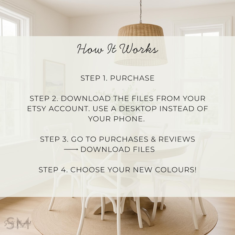 May include: Image with text: "How It Works" with steps for purchasing and downloading files from Etsy. The steps include purchasing, downloading from your Etsy account using a desktop, and choosing new colors. The image is set in a dining room.