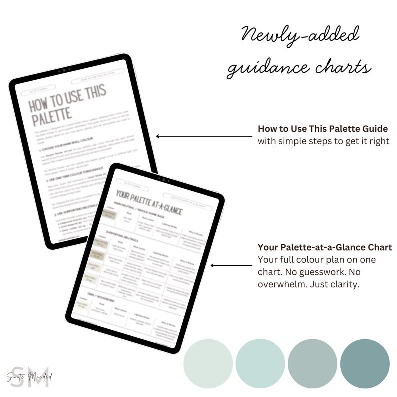 May include: Two black tablets display guidance charts. One tablet shows "How to Use This Palette" instructions. The other displays "Your Palette-at-a-Glance" chart. The image includes text: "Newly-added guidance charts" and a color palette.