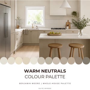 May include: A kitchen interior featuring beige cabinetry, a white countertop, and two wooden stools. Below the image, a row of twelve circular color swatches is displayed above the text: WARM NEUTRALS COLOUR PALETTE BENJAMIN MOORE | WHOLE-HOUSE PALETTE SUITE MINDED.