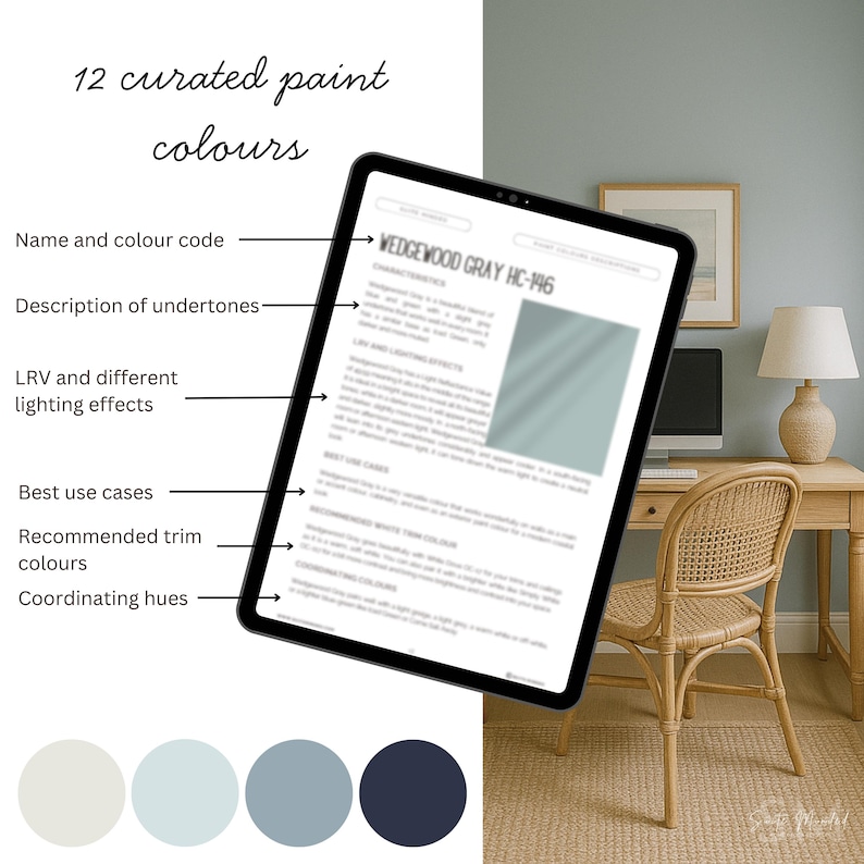 May include: A digital tablet displays paint color information, including the name, color code, undertones, and lighting effects. The text reads "12 curated paint colours." Below the tablet are five paint color swatches in shades of white, blue, and navy.