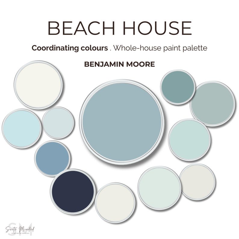 May include: A whole-house paint palette titled "Beach House" by Benjamin Moore. The image displays a collection of circular paint swatches in various shades of blue, green, and white, with the text "Coordinating colours" above the paint swatches.