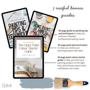 May include: Three digital tablets displaying guides on painting tips, a paint planner, and a color starter guide. The image includes a paintbrush and text that reads "3 useful bonus guides". The guides offer tips and techniques for achieving professional results.