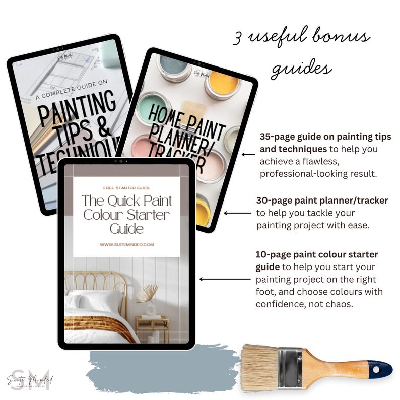 May include: Three digital tablets displaying guides on painting tips, a paint planner, and a color starter guide. The image includes a paintbrush and text that reads "3 useful bonus guides". The guides offer tips and techniques for achieving professional results.