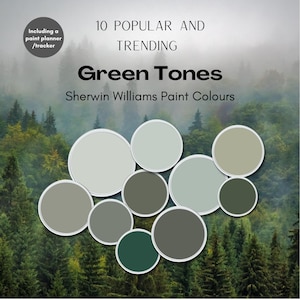 Green Home Paint Palette - Sherwin Williams Paint - Most Popular Green Paint Colours - Evergreen Fog - Sea Salt - Pewter Green - Quietude