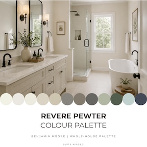 May include: A bathroom interior featuring a double vanity with light gray cabinets, white countertops, black faucets, and two rectangular mirrors. A glass-enclosed shower and a white freestanding bathtub are visible. Text reads REVERE PEWTER COLOUR PALETTE.
