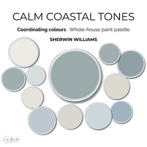 Calm Coastal Tones Sherwin Williams Blue Paint Colors Coastal Home Color Scheme Greek Villa Shoji White Mountain Air Upward Hinting Blue