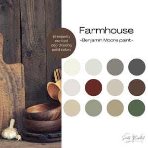 Farmhouse Color Palette Benjamin Moore Paint | Chelsea Gray, Revere Pewter, Raintree Green, Gray, Sweet Basil | Paint Color Selection