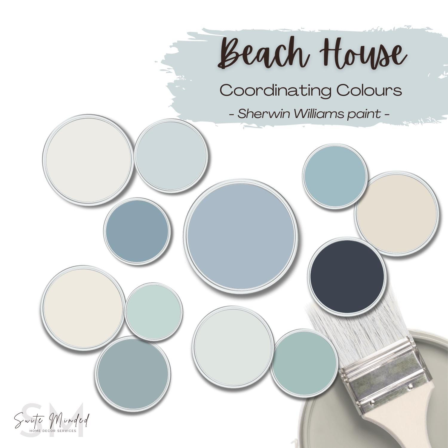 Beach House Color Palette Sherwin Williams - Whole House Paint Palette - Blue Color Palette - Shell White Glimmer White Duck Charcoal Blue