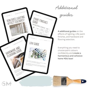 May include: Four digital guides on tablets, including "How Does Lighting Affect Colours?" and "Paint Finishes Guide." A paintbrush and a light blue paint swatch are also visible. The guides cover paint, hardware, and flooring.