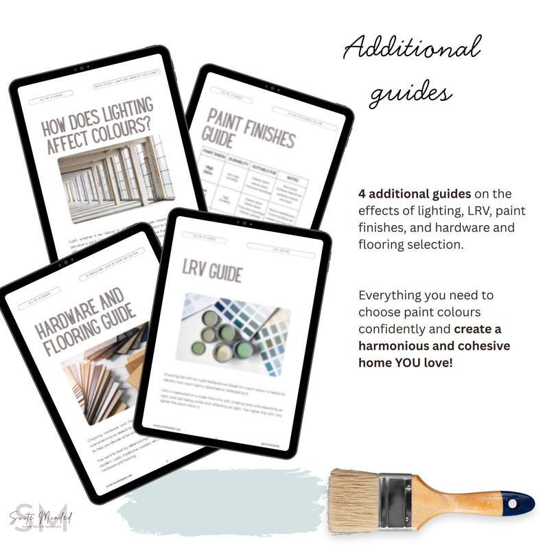 May include: Four digital guides on tablets, including "How Does Lighting Affect Colours?" and "Paint Finishes Guide." A paintbrush and a light blue paint swatch are also visible. The guides cover paint, hardware, and flooring.
