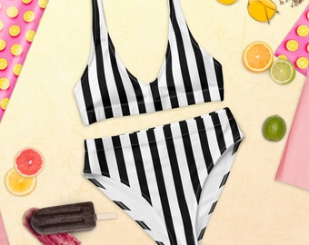 black and white striped bathing suit