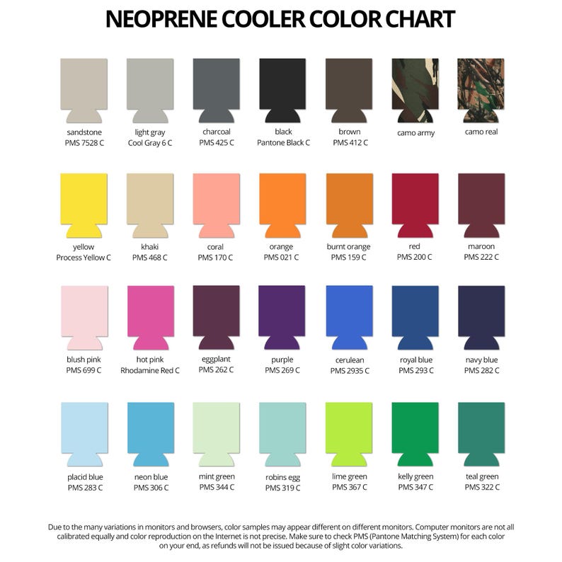 the color chart for neoprene cooler color chart