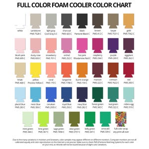 May include: Full color foam cooler color chart shows various color options.  The chart displays color swatches with corresponding PMS color codes, including white, black, brown, pink, red, blue, green, yellow, and many more.  The chart also includes a full-color wrap option.  Perfect for customizing foam coolers.