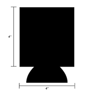 May include: A black 4' x 4' neoprene can cooler.  The can cooler has a flat top and a slightly curved bottom. The dimensions are shown in the image. This product is perfect for keeping your drinks cold.