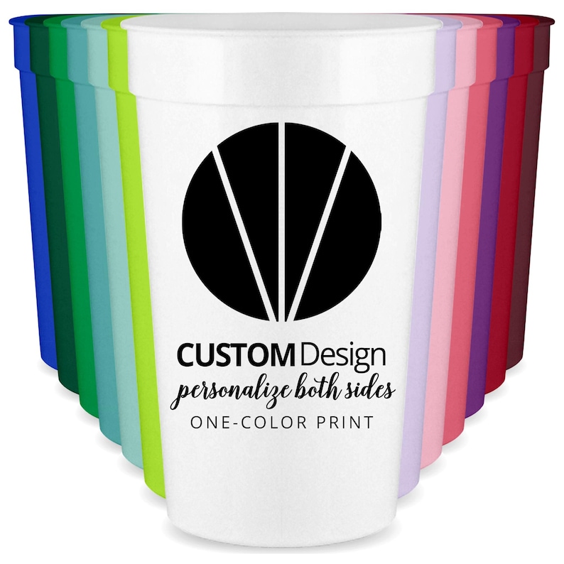 May include: Stack of 12 customizable 16 oz plastic cups in assorted colors, including blue, green, pink, purple, and others. Cups feature a black circle logo with radiating lines and text: 'CUSTOM Design', 'personalize both sides', 'ONE-COLOR PRINT'.
