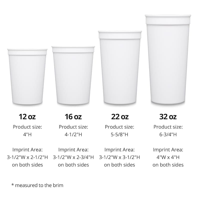 May include: Four white disposable cups of varying sizes: 12oz, 16oz, 22oz, and 32oz.  Each cup's dimensions and imprint area are specified.  The product sizes are measured to the brim.  Ideal for events, parties, or businesses needing customizable drinkware.