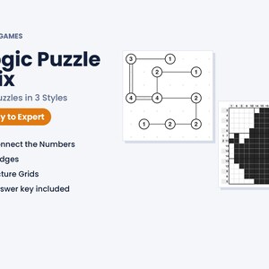 K&ouml;nnte beinhalten: Ein Logic Puzzle Mix Buchcover von MKM Games mit 90 R&auml;tseln in 3 Stilen: Connect the Numbers, Bridges und Picture Grids. Der Text enth&auml;lt Easy to Expert und Answer key included. Zwei R&auml;tselbeispiele sind auf der rechten Seite abgebildet.
