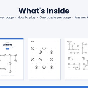 May include: A digital document titled What's Inside featuring a cover page, how to play instructions, one puzzle per page, and an answer key. The pages display logic puzzles with numbered circles connected by lines labeled Bridges.