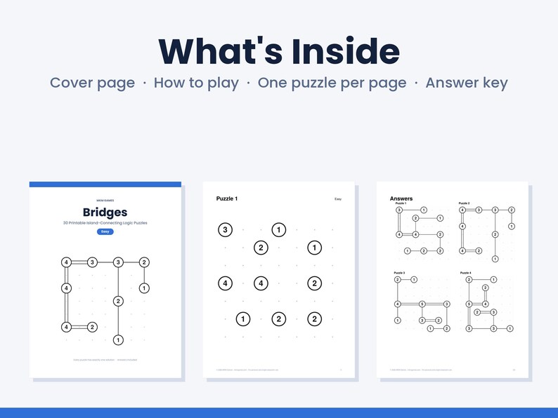 May include: A digital document titled What's Inside featuring a cover page, how to play instructions, one puzzle per page, and an answer key. The pages display logic puzzles with numbered circles connected by lines labeled Bridges.