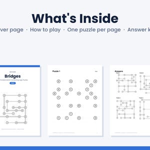 Op de afbeelding: Een printbaar logisch puzzelboek getiteld Bridges, met een voorpagina, spelinstructies en individuele puzzelpagina's met genummerde cirkels verbonden door lijnen. Bevat een antwoordsleutel met ingevulde puzzelroosters.