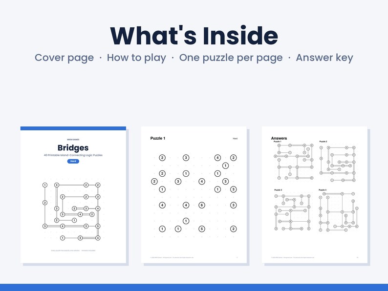 Op de afbeelding: Een printbaar logisch puzzelboek getiteld Bridges, met een voorpagina, spelinstructies en individuele puzzelpagina's met genummerde cirkels verbonden door lijnen. Bevat een antwoordsleutel met ingevulde puzzelroosters.