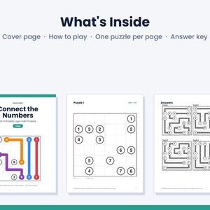 K&ouml;nnte beinhalten: Ein druckbares Logikr&auml;tsel-Set mit dem Titel Connect the Numbers. Das Dokument enth&auml;lt ein Deckblatt, eine Spielanleitung, einzelne R&auml;tselseiten mit nummerierten Gittern sowie eine L&ouml;sungsseite mit den vervollst&auml;ndigten Pfaden.