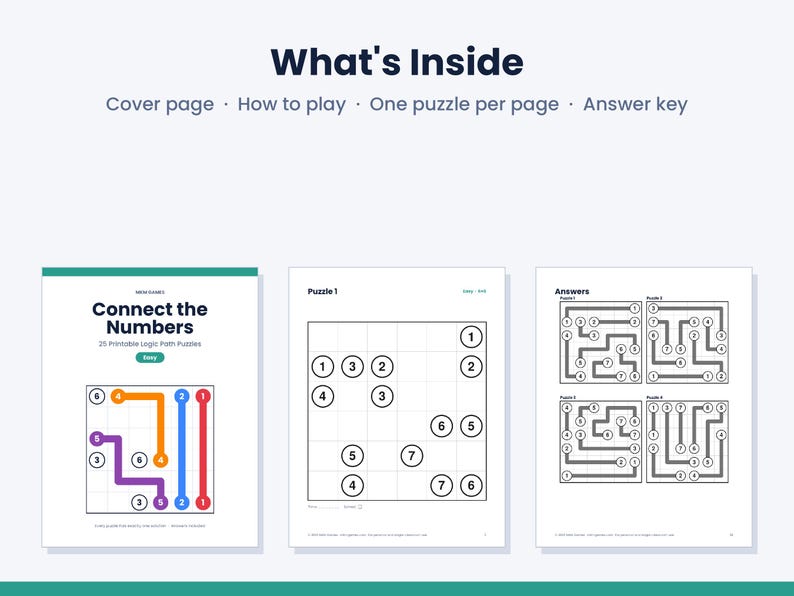 K&ouml;nnte beinhalten: Ein druckbares Logikr&auml;tsel-Set mit dem Titel Connect the Numbers. Das Dokument enth&auml;lt ein Deckblatt, eine Spielanleitung, einzelne R&auml;tselseiten mit nummerierten Gittern sowie eine L&ouml;sungsseite mit den vervollst&auml;ndigten Pfaden.