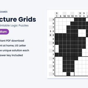 Picture Grids Printable Logic Puzzles, 30 Medium Nonogram Picture Puzzles PDF, Brain Games for Adults & Teens, With Answers image 1