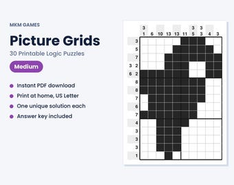 Può includere: Un foglio di puzzle logico digitale intitolato MKM GAMES Picture Grids 30 Printable Logic Puzzles Medium. Il grafico presenta una griglia di nonogramma in bianco e nero con indizi numerici sui lati, su uno sfondo bianco.