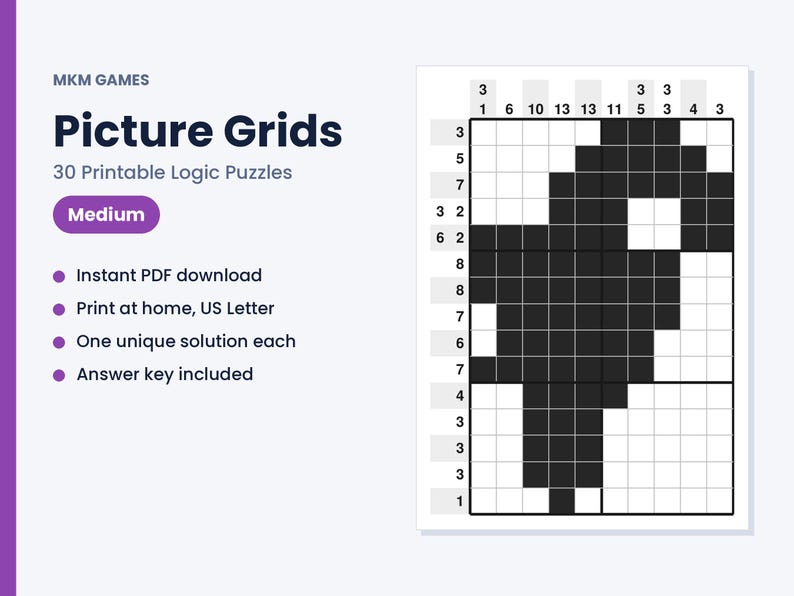 Picture Grids Printable Logic Puzzles, 30 Medium Nonogram Picture Puzzles PDF, Brain Games for Adults & Teens, With Answers image 1