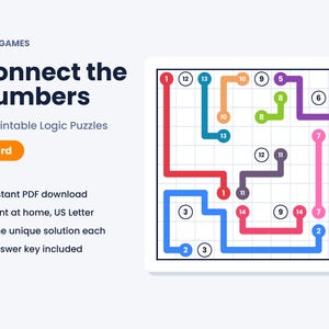 Op de afbeelding: Een digitale afbeelding voor Connect the Numbers 25 Printable Logic Puzzles van MKM Games. De afbeelding toont een vierkant raster met gekleurde lijnen die bijbehorende genummerde cirkels verbinden, inclusief rode, blauwe, oranje, paarse en roze paden.