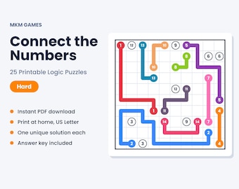 Connect the Numbers Printable Logic Puzzles, 25 Hard Path Puzzles PDF, Challenging Brain Games for Adults, Instant Download with Answers