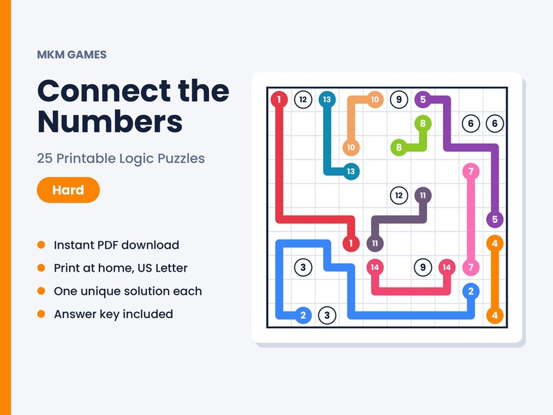 Op de afbeelding: Een digitale afbeelding voor Connect the Numbers 25 Printable Logic Puzzles van MKM Games. De afbeelding toont een vierkant raster met gekleurde lijnen die bijbehorende genummerde cirkels verbinden, inclusief rode, blauwe, oranje, paarse en roze paden.