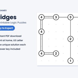 K&ouml;nnte beinhalten: Ein digitales Dokument mit dem Titel MKM GAMES Bridges 150 Printable Logic Puzzles. Die Grafik zeigt ein Gitter aus nummerierten Kreisen, die durch Linien verbunden sind und ein Logikr&auml;tsel darstellen. Der Text umfasst Easy to Expert, Instant PDF download, Print at home, US Letter, One unique solution each und Answer key included.