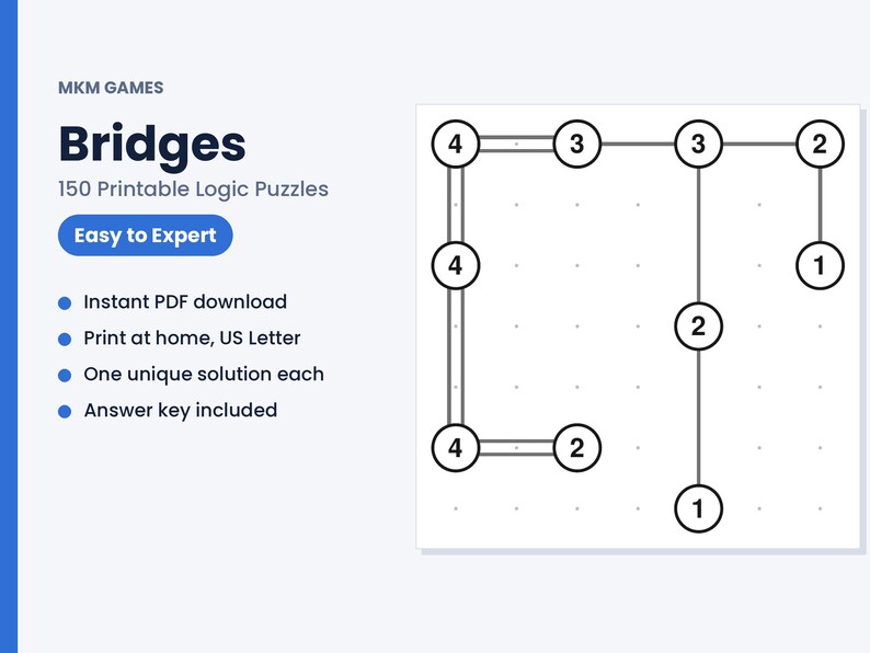 K&ouml;nnte beinhalten: Ein digitales Dokument mit dem Titel MKM GAMES Bridges 150 Printable Logic Puzzles. Die Grafik zeigt ein Gitter aus nummerierten Kreisen, die durch Linien verbunden sind und ein Logikr&auml;tsel darstellen. Der Text umfasst Easy to Expert, Instant PDF download, Print at home, US Letter, One unique solution each und Answer key included.