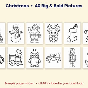 K&ouml;nnte beinhalten: Ein Malbuch mit dem Titel Christmas 40 Big & Bold Pictures, das zw&ouml;lf schwarz-wei&szlig;e Strichzeichnungen von Weihnachtsmotiven zeigt, darunter ein Baum, ein Schneemann, der Weihnachtsmann, ein Rentier, ein Strumpf, ein Lebkuchenmann, Kakao, ein Zug, ein Pinguin, ein Lastwagen, ein Nussknacker und ein Hund.