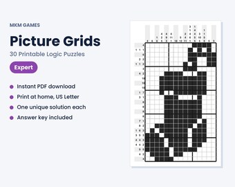Picture Grids Printable Logic Puzzles, 30 Expert Nonogram Picture Puzzles PDF, Very Hard Brain Games for Adults, With Answers