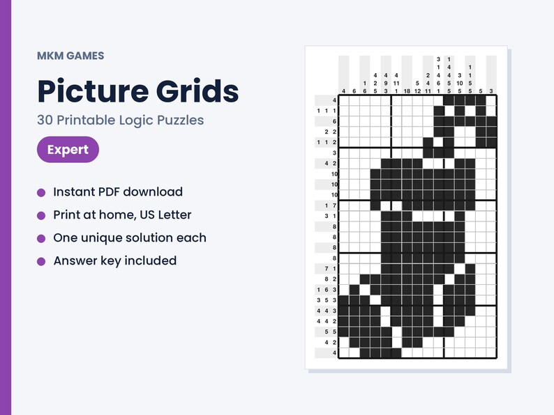 Może przedstawiać: Cyfrowy arkusz łamigł&oacute;wek logicznych zatytułowany MKM Games Picture Grids 30 Printable Logic Puzzles Expert. Strona zawiera czarno-białą siatkę nonogramu w kształcie skarpety, z liczbowymi wskaz&oacute;wkami wzdłuż g&oacute;rnej i lewej krawędzi.