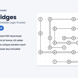 Op de afbeelding: Een digitaal document getiteld MKM Games Bridges 40 Printable Logic Puzzles Hard. De pagina toont een raster van genummerde cirkels verbonden door enkele en dubbele lijnen, een logische puzzel met instructies voor het printen.