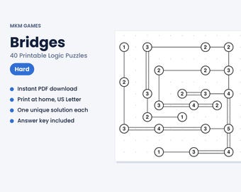 Bridges Printable Logic Puzzles, 40 Hard Hashi Island Puzzles PDF, Challenging Brain Games for Adults, With Answers