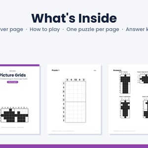 Pu&ograve; includere: Un set di puzzle logici nonogram stampabili che include una copertina intitolata Picture Grids, una pagina di puzzle chiamata Puzzle 1 con una griglia e indizi numerici, e una pagina di soluzioni con immagini pixelate in bianco e nero.