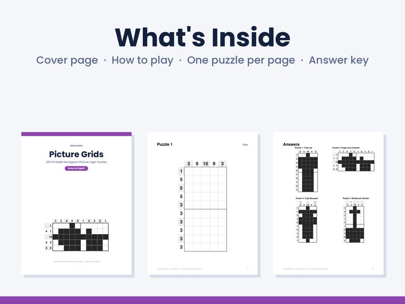 Pu&ograve; includere: Un set di puzzle logici nonogram stampabili che include una copertina intitolata Picture Grids, una pagina di puzzle chiamata Puzzle 1 con una griglia e indizi numerici, e una pagina di soluzioni con immagini pixelate in bianco e nero.