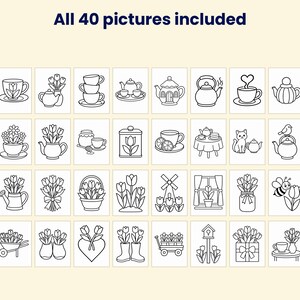 K&ouml;nnte beinhalten: Eine Sammlung von 40 schwarz-wei&szlig;en Strichzeichnungen in einem Raster, die Teesets, Tulpen und Gartenszenen zeigen. Der Text "All 40 pictures included" steht oben auf diesem Set von ausdruckbaren Malvorlagen f&uuml;r verschiedene Zwecke.