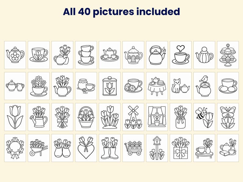K&ouml;nnte beinhalten: Eine Sammlung von 40 schwarz-wei&szlig;en Strichzeichnungen in einem Raster, die Teesets, Tulpen und Gartenszenen zeigen. Der Text "All 40 pictures included" steht oben auf diesem Set von ausdruckbaren Malvorlagen f&uuml;r verschiedene Zwecke.