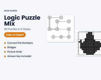 Logic Puzzle Mix Printable, 90 Puzzles in 3 Styles, Connect the Numbers Bridges Nonograms PDF, Brain Games for Adults, With Answers